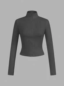SHEIN EZwear 2 件套深灰色和黑色针织拉链长袖 T 恤女士，适合秋冬季 - 彩色 - 查看 9