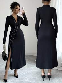 Chiquease Women's Elegant Black And White Asymmetrical Placket Knitted Shirt Collar Long Sleeve Fitted Split Hem Midi Dress For Autumn Office Wedding Guest - Black - View 3