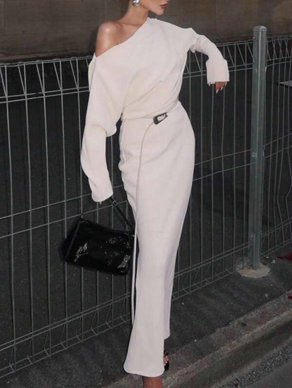 Siren Gaze Fall/Winter 2025 New Arrival - Women's Solid Color Asymmetrical Neck Off The Shoulder Long Sleeve Maxi Dress With Belt, Business Casual, Timeless Elegance & Old Money Style. Ideal For Office, Street, Wedding Guest, Teacher, Halloween, Christmas Occasions. Features Of 2025 Fashion Must-Have, Off Shoulder Design, Long Sleeve For Fall & Winter, Plus Size Available Elegant White Evening Dress