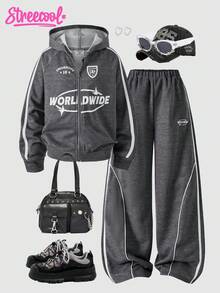 SHEIN Explorewe 2pcs Tween Girls ME Loose Casual Sports Graphic Print Jacket & Contrast Stripe Pants Set,Dark Grey Autumn Cow Boy School Back-To-School Street Style - Dark Grey - View 3