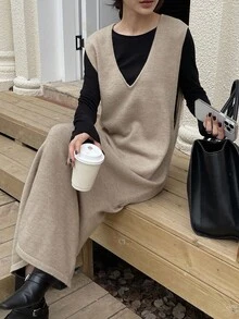 DAZY Women's Casual Loose Solid Color V-Neck Sleeveless Sweater Dress Fall/Winter - Apricot - View 2