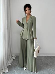 Selianne 2 件套女式长袖西装领收腰 A 字褶喇叭裤套装，绿色，秋冬 - 綠色 - 查看 3
