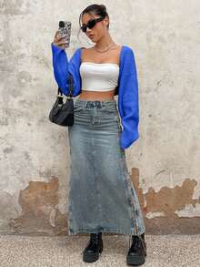 EURMUSE Y2K Grunge Drop Shoulder Open Front Crop Cardigan Without Tube Top - Blue - View 6