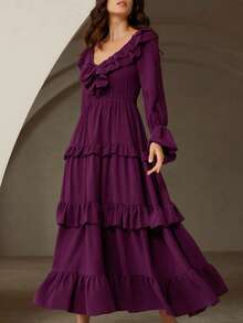 GENKIRA Purple Palace Style Long Dress, V-Neck With Ruffle Collar And 3-Layer Ruffle Hem, Ethereal Outfit For Spring Gala And Manor Evening Party - Purple - View 3