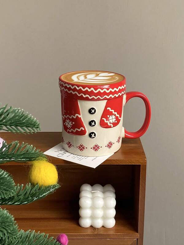 Cirelle 1 pieza Taza de cerámica de 420ml con diseño pintado a mano de Papá Noel, con elfos, renos y muñeco de nieve, en estilo de lujo ligero. Perfecta para cenas navideñas a la luz de las velas (bebidas calientes/frías), desayuno con leche, yogur, tazas de avena, como regalo y decoración navideña.