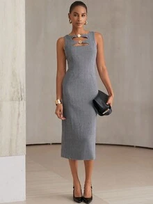 Aveloria Modichic Vestido Feminino de Moda com Estampa Espinha de Peixe, Decoração de Concha Metálica, Decote Vazado, Sem Mangas, Comprimento Até o Joelho - Cinza - Visão 5