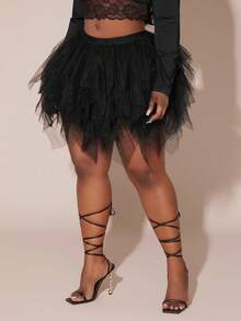 SHEIN SXY Plus Size Women Multi-Layered Ruffle Tulle Skirt, Black Mesh Skirt, Suitable For Date Night, Birthday, Bachelorette Party, Cute, Casual, Shopping, Streetwear, Going Out, Flirty, Easy To Match & Looks Slim, Accentuates Your Body, Flatters The Figure