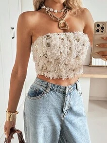 Siren Gaze 女士亮片羽毛装饰抹胸上衣，秋冬 - 杏色 - 查看 7