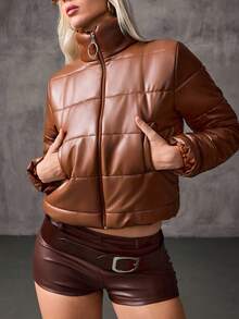 Giacca imbottita in pelle sintetica color cammello da donna - Cappotto trapuntato con chiusura lampo e anello, abbigliamento invernale in ecopelle