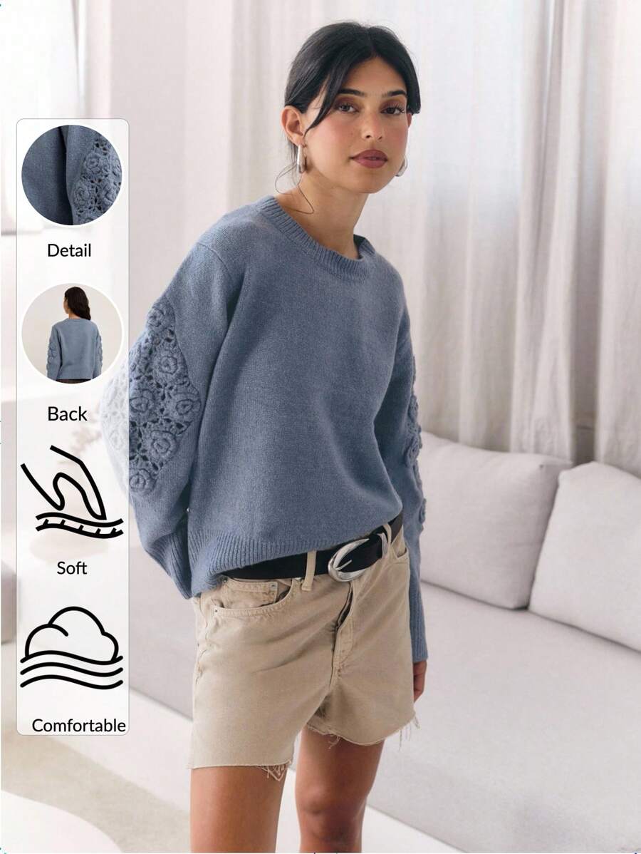 Nöista 灰蓝色泡泡袖毛衣。适合秋季女性、冬季女性、返校教师或夏季舒适叠穿——四季皆宜,柔软舒适。 - 藍色 - 查看 1