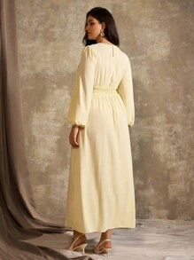 Flirla Große Größen Maxikleid für Damen, lässig-elegant, langärmlig, einfarbig in sanftem Gelb, französischer romantischer Stil, geeignet für Büro, Urlaub, Frühling/Herbst/Winter - Gelb - Übersicht 2