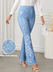 Ellevyn Women's Faux Denim Print Knit Elastic Waist Metallic Zipper Embroidered High Waist Elegant Casual Pants, Spring/Summer - Blue - View 12