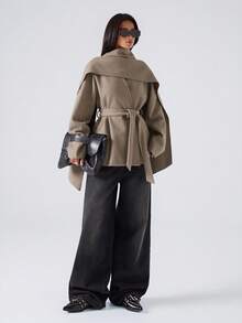 LYSMO Áo khoác dài tay màu trơn dành cho nữ có thiết kế khăn buộc eo, mùa thu/đông - Màu Khaki - Xem 7