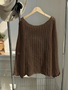 Comfortcana Plus Size Casual Solid Color Hollow Out Mesh Knit Sweater Winter Fall Autumn