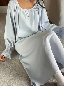 DAZY Vestido largo suelto con mangas farol, cuello de encaje de patchwork y plisado, para mujer. Camisón, pijama de otoño e invierno, atuendo cómodo, Camisón tipo "Moo Moo" - Celeste - Ver 1