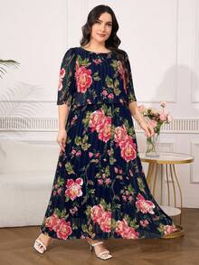 Reflora Vestido de verano elegante de gasa plisada con estampado geométrico para tallas grandes