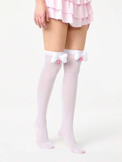Kawaii 1 Pair Cute Furry Bone Over-The-Knee Socks, Lolita Bow & Bell Decor High Socks, Thin Elastic Sheer Tights For Daily Wear