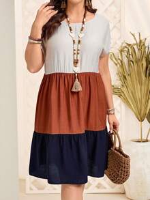 EMERY ROSE 大尺寸圓領短袖優雅溫柔拼接對比色A字摆连衣裙，下擺舒展设计 - 彩色 - 查看 4