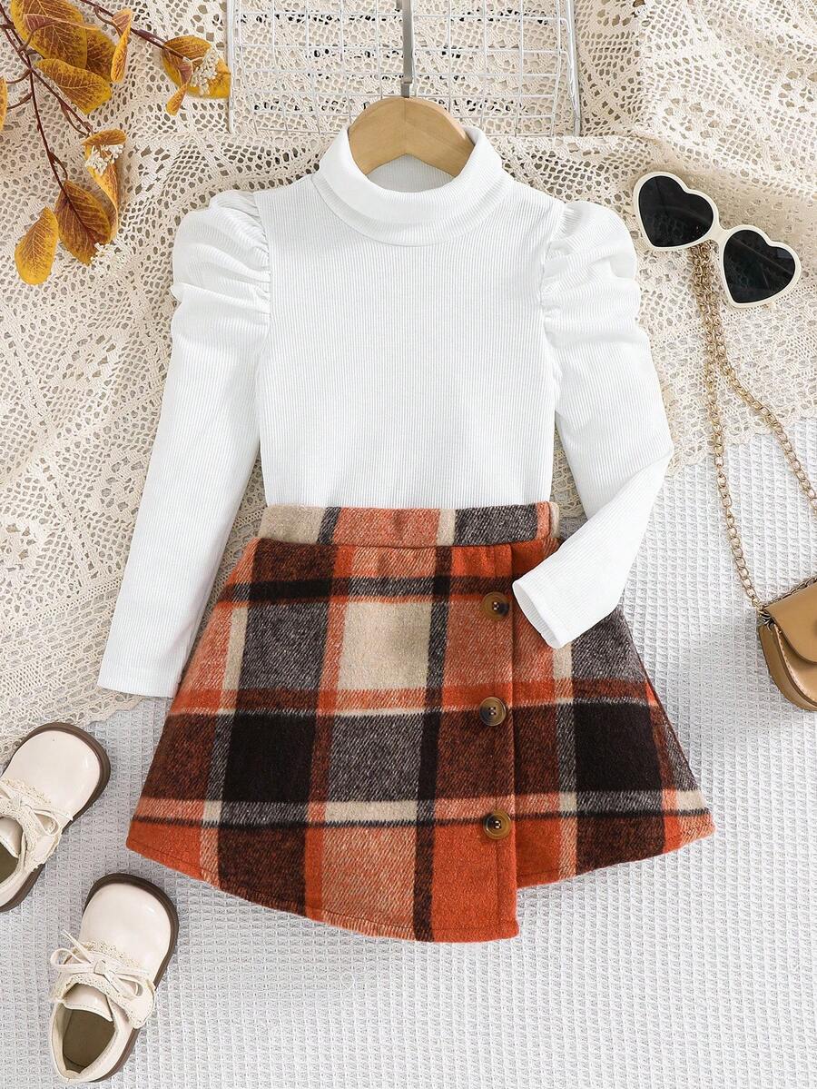 SHEIN 2pcs/Set Young Girl Knit Top And Woven Skirt Outfit - Coffee Brown - View 1