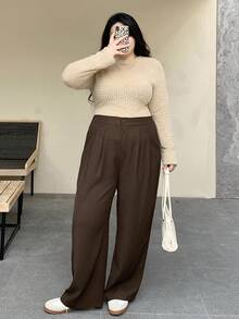 Dazy Plus Plus Size Solid Color Versatile Loose Casual Pants, All Season Fall - Brown - View 4