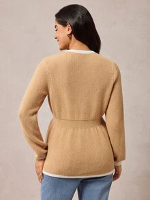 Boho Mama Maternity Casual Color Block Trim Tie Front Cardigan,Vintage - Khaki - View 2