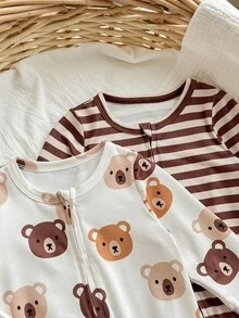 SHEIN 新生女婴可爱休闲卡通图案针织长袖连体衣