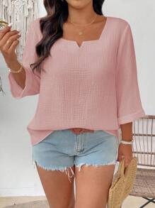EMERY ROSE Camisa casual holgada de unicolor de manga 3/4 para mujer de talla grande - Rosa - Ver 3