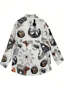 EMERY ROSE 女士加大码万圣节骷髅南瓜印花纽扣衬衫 - 休闲长袖衬衫，可机洗，欧美风格，随机印花，万圣节衬衫，女士秋季款 - 彩色 - 查看 2