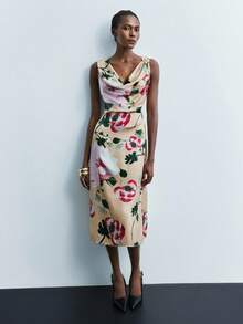 Maija Women's Asymmetric Shoulder Ruched Waist Midi Dress,Beige,Summer,Elegant,Wedding Guest,Textured Satin Fabric,Casual Chic Office Wear,Modern Vacation - Yellow - View 4