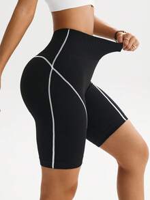 Dewbera 1 pieza Pantalones cortos básicos para correr, fitness, ejercicio y ciclismo de mujer con cintura de contraste acanalada - Blanco y Negro - Ver 3