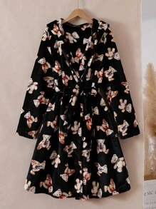 女式黑色简约可爱熊图案长袖长连帽睡袍睡衣夹克 - 黑色 - 查看 5