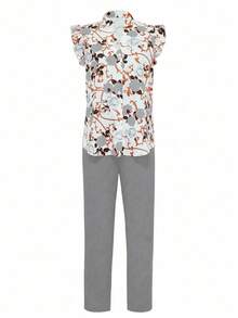 SHEIN Clasi 女士碎花荷叶袖衬衫和长裤优雅两件套（腰带为装饰性） - 淺灰色 - 查看 4