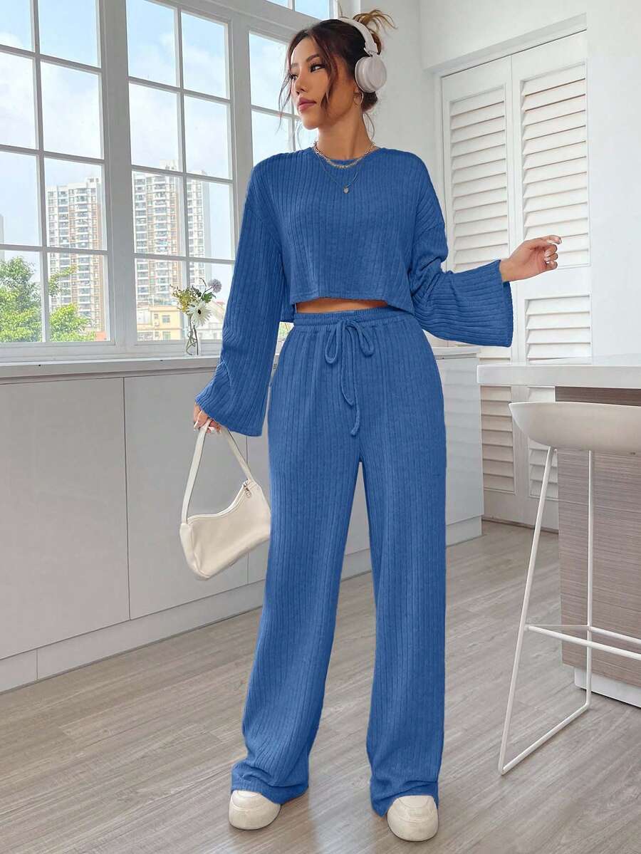 EURMUSE Women's Casual Commuting Simple Solid Color Ribbed Drop Shoulder Loose Flare Sleeve Cropped T-Shirt And Drawstring Waist Straight Leg Pants 2 Pieces Set, Spring/Autumn - Dusty Blue - View 1