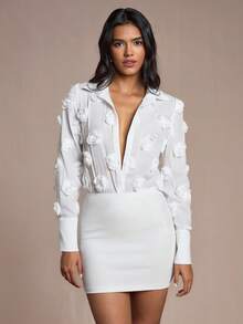 Glamine Women's Floral Patchwork Sheer Sexy Bodysuit, Long Sleeve, Elegant, Autumn Halloween White 3d Flower Shirt Rehearsal Dinner Dress White White Rose Shirt White Flower Shirt Fall Cloth For Women - White - View 3