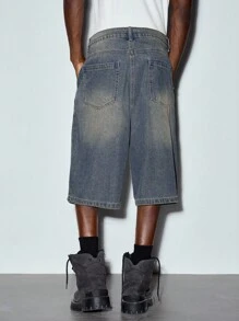 MODCRASH Men's Washed Slant Pocket Casual Denim Shorts Jorts - Blue - View 5