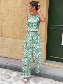 Serisse Women's Vacation Plant Pattern Round Neck Sleeveless Shirt And Wide Leg Pants Casual 2 Pieces Set