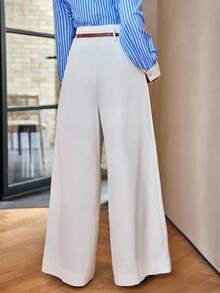 Siren Gaze 老钱美学静谧奢华女裤 | 有机高腰阔腿裤，赠送棕色腰带 | 春夏商务休闲平前宽下摆奢华胶囊衣橱必备 - 白色 - 查看 4