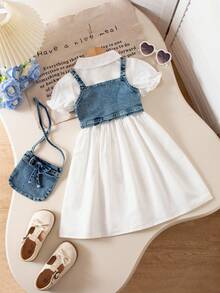 Young Girl Denim Camisole Top And Solid Color Bubble Hem Casual Dress Set With Bag - White - View 2