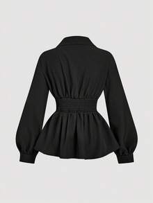 SHEIN MOD Women's Turn-Down Collar Long Sleeve Ruched Ruffle Hem White Blouse,Black Women Blouses,Button Up Women Shirt,Long Sleeve Women Shirts,Black Button Up Shirt, Festival Shirt,Professional Clothes,Business Casual Women,Black Tops - Black - View 2