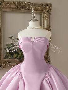 Lovelzi 优雅浪漫粉色 V 领露肩复古收腰女式正式晚礼服 - 淺粉色 - 查看 2