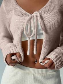 Flirla Cárdigan casual de manga larga con lazo delantero de unicolor para mujer, otoño - Caqui - Ver 3