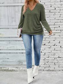 EMERY ROSE 女式V领长袖侧扣装饰褶皱柔软针织休闲毛衣，秋冬 - 軍綠色 - 查看 6