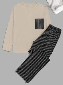 Set de haine pentru bărbați cu pantaloni cu dungi, cu buzunare în dungi, cu mânecă lungă, standard