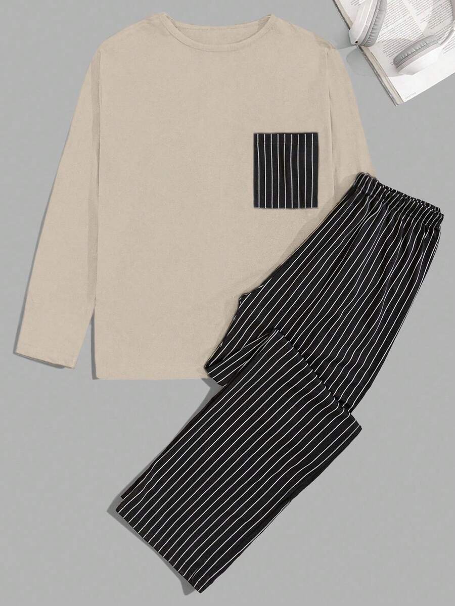 Set de haine pentru bărbați cu pantaloni cu dungi, cu buzunare în dungi, cu mânecă lungă, standard