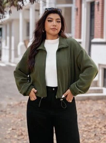 Vionelle 加大码女式优雅军绿色羊毛立领拉链长袖弹力袖口抽绳下摆短款夹克 - 軍綠色 - 查看 3