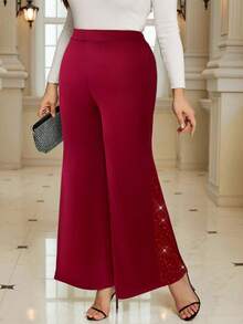 SHEIN Tall CURVE Plus Size Elegant Commuter Rhinestone Patchwork Wide Leg Pants - Burgundy - View 3