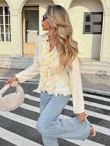 SHEIN Frenchy 女式时尚优雅荷叶边长袖修身衬衫 - 杏色 - 查看 4