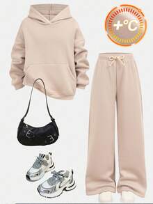 SHEIN Serisse Kids 2 件套 Tween 女童卡其色加厚连帽运动衫和裤子，女童秋冬休闲运动装 - 卡其色 - 查看 2
