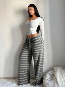 SHEIN SXY Damen bequeme, lässige, minimalistische Hose mit niedriger Taille, Kordelzug und weitem Bein, gestreifte Strickhose mit weitem Bein, Herbst