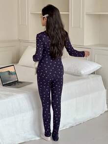 DAZY 2pcs/Set Tween Girls Casual Long Sleeve Top And Pants Homewear Set, Fall - Navy Blue - View 6